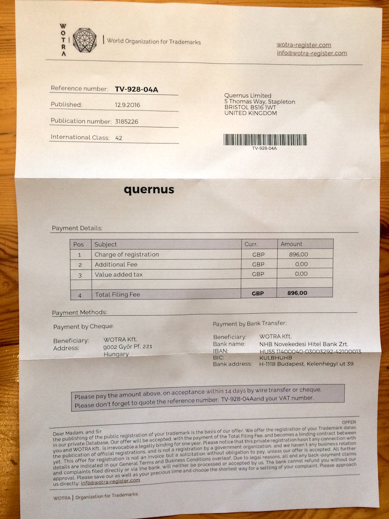 Photo of scam letter from WOTRA
